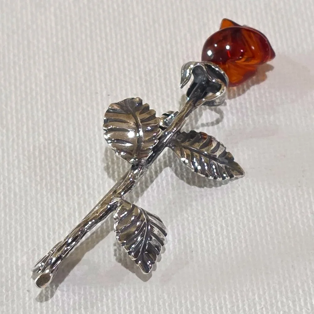 Vintage Carved Baltic Amber Rose Flower High Detail Sterling Silver Pin Brooch